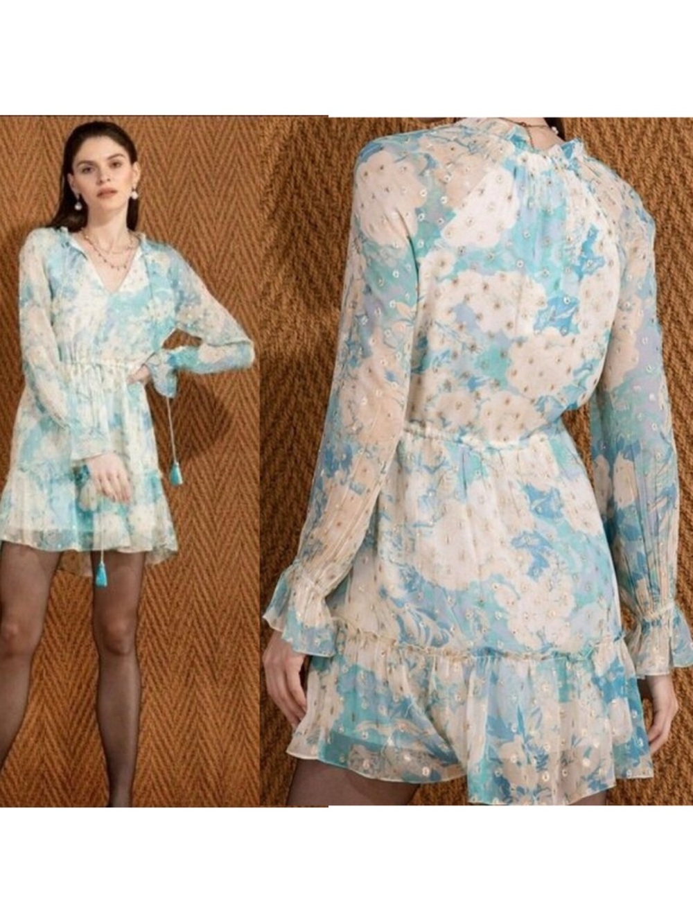 Anthropologie Hemant & Nandita Blue Floral Georgette Metallic Mini Dress Large